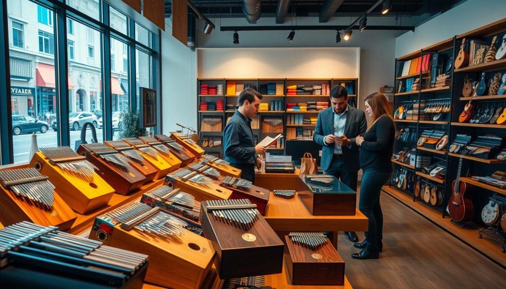 A well-lit, inviting scene showing a stylish, modern retail space specializing in musical instruments, particularly kalimbas. In the foreground, display an array of beautifully crafted kalimbas on polished wood shelves, showcasing various sizes and colors, from traditional wood finishes to vibrant painted designs. The middle ground features a knowledgeable staff member dressed in professional attire, engaging with a customer examining a kalimba, highlighting the personal touch of a specialty shop. In the background, shelves filled with various musical accessories, soft ambient lighting creating a warm atmosphere, bright accent colors enhancing the appeal. A large window reveals a lively street scene outside, with soft, natural daylight filtering into the store, inviting potential customers. The overall mood is one of warmth and community, suggesting a dedicated place for musical purchases.