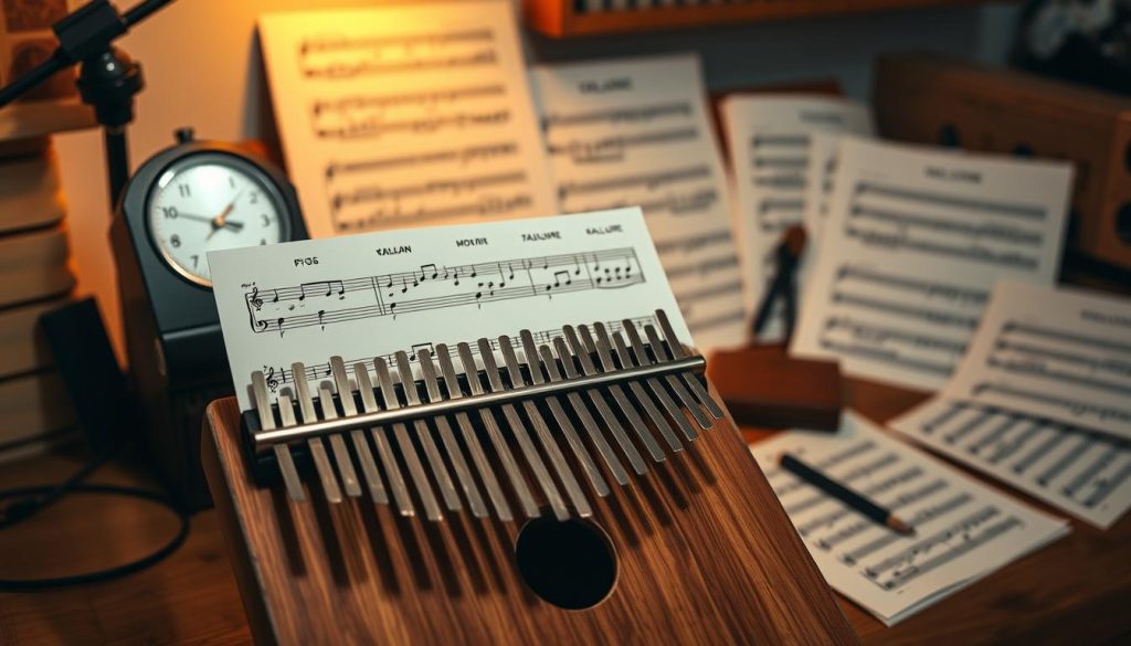 A beautifully arranged kalimba tablature displayed prominently in the foreground, with clear, colorful notes indicating various musical pitches. Surrounding the tablature, an inviting and cozy music studio featuring a well-worn wooden kalimba resting next to a metronome and neatly arranged sheets of simple, beginner-friendly organ and tablature music. In the background, soft ambient lighting creates a warm atmosphere, enhancing the feeling of a peaceful learning environment. The scene is shot from a slightly elevated angle to provide a comprehensive view, emphasizing the depth of the workspace while ensuring the focus remains on the tablature. The overall mood is calm and inspiring, perfect for capturing the essence of learning music without the complexities of traditional notation.