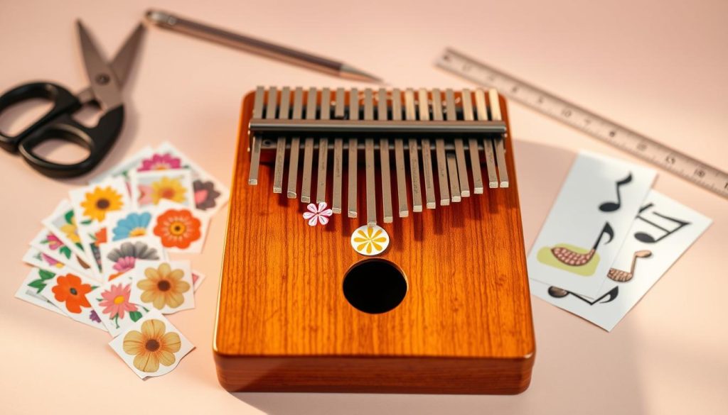 A beautifully arranged kalimba with colorful stickers on its keys, showcasing a variety of designs suitable for different playing styles and preferences. In the foreground, the kalimba's smooth wooden texture shines, reflecting soft, warm lighting that enhances its natural beauty. Surrounding it, various sticker designs are neatly displayed: floral patterns, vibrant geometric shapes, and musical notes, representing diverse usage and personal styles. The middle ground features a soft, blurred workspace with typical crafting tools like scissors and a ruler, adding context without distracting from the kalimba. The background is a calming gradient of pastel colors, evoking a creative and inviting atmosphere, perfect for inspiring musicians. The composition emphasizes clarity, focus, and an artistic mood, ideal for illustrating the selection of stickers for a kalimba. A beautifully arranged kalimba with colorful stickers on its keys, showcasing a variety of designs suitable for different playing styles and preferences. In the foreground, the kalimba's smooth wooden texture shines, reflecting soft, warm lighting that enhances its natural beauty. Surrounding it, various sticker designs are neatly displayed: floral patterns, vibrant geometric shapes, and musical notes, representing diverse usage and personal styles. The middle ground features a soft, blurred workspace with typical crafting tools like scissors and a ruler, adding context without distracting from the kalimba. The background is a calming gradient of pastel colors, evoking a creative and inviting atmosphere, perfect for inspiring musicians. The composition emphasizes clarity, focus, and an artistic mood, ideal for illustrating the selection of stickers for a kalimba.