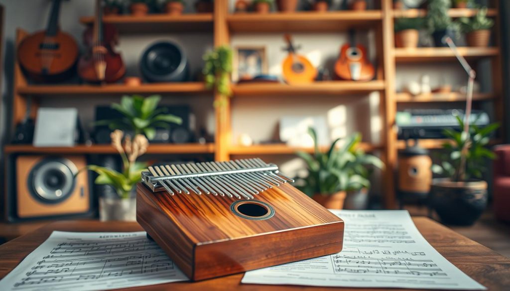 A beautifully crafted Kalimba Meinl displayed prominently in the foreground, showcasing its resonant cavity (caisse de résonance) and vibrant wooden texture. The middle ground features a serene music studio ambiance, with soft natural lighting illuminating the instrument, highlighting its craftsmanship. Arrange music sheets with various genres like folk, world, and classical subtly placed beside the kalimba. In the background, warm-toned shelves filled with various musical instruments and a few potted plants create a cozy atmosphere. The scene captures a peaceful and inspiring mood, inviting the viewer to connect emotionally with music. Use a shallow depth of field to focus on the kalimba while slightly blurring the background to enhance the subject's importance.