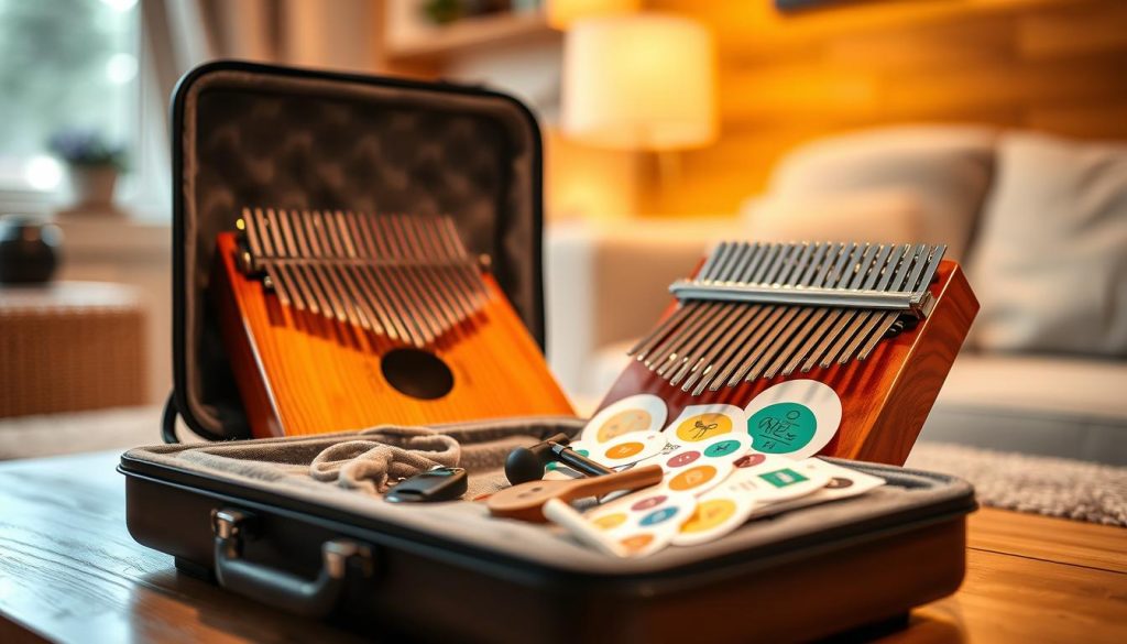A beautifully crafted kalimba case, prominently displayed in the foreground, showcasing its sleek design and padded interior for optimal protection. The case is open, revealing a vibrant kalimba nestled inside, with intricate details on its wooden body catching the light. In the middle ground, additional accessories like a small hammer and colorful stickers are artistically arranged, suggesting practicality and creativity. The background features a soft-focus, cozy room setting, with warm ambient lighting that creates an inviting atmosphere. The image should have a shallow depth of field, emphasizing the case and its contents while gently blurring the background. Overall, the mood conveys a sense of care, protection, and everyday usefulness for kalimba enthusiasts. A beautifully crafted kalimba case, prominently displayed in the foreground, showcasing its sleek design and padded interior for optimal protection. The case is open, revealing a vibrant kalimba nestled inside, with intricate details on its wooden body catching the light. In the middle ground, additional accessories like a small hammer and colorful stickers are artistically arranged, suggesting practicality and creativity. The background features a soft-focus, cozy room setting, with warm ambient lighting that creates an inviting atmosphere. The image should have a shallow depth of field, emphasizing the case and its contents while gently blurring the background. Overall, the mood conveys a sense of care, protection, and everyday usefulness for kalimba enthusiasts.