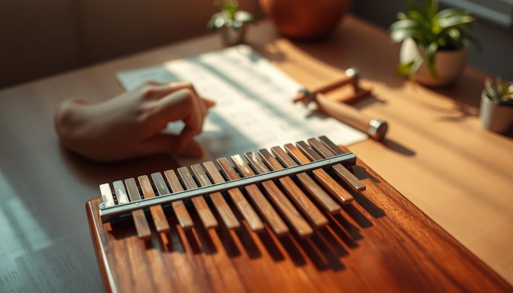 A beautifully crafted kalimba, prominently displayed in the foreground, with polished wooden tines reflecting natural light. The instrument is partially opened, revealing its intricate tuning mechanism and delicate craftsmanship. In the middle ground, a musician's hand gently adjusts the tines, showcasing the tuning process, creating a sense of engagement and focus. The background features a soft, blurred workspace adorned with music sheets, a tuning hammer, and a subtle hint of green plants, enhancing the atmosphere of creativity and harmony. The lighting is warm and inviting, casting soft shadows that evoke a serene and inspiring mood typical of a calm afternoon. The camera angle is slightly above eye level, focusing on the kalimba and the tuning action, emphasizing the importance of tuning and maintenance.