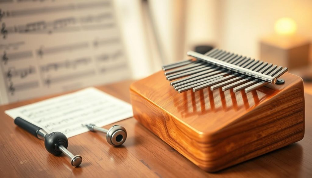 A beautifully crafted kalimba resting on a wooden table, showcasing its 17 tines glimmering under soft, warm lighting. In the foreground, the kalimba is the focal point, with polished wood details and intricate metal tines that catch the light, reflecting a sense of craftsmanship. In the middle ground, subtle hints of tuning tools, such as a small tuner and a tuning hammer, are placed beside the instrument, emphasizing the theme of tuning and adjustment. The background features a softly blurred room with musical notes and sheet music faintly visible, creating an intimate atmosphere. The image conveys a serene and inviting mood, perfect for illustrating the process of tuning a kalimba.