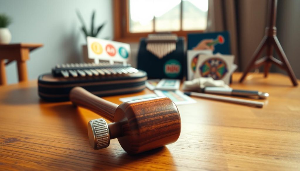 A beautifully crafted kalimba tuning hammer sits prominently in the foreground, showcasing its polished wooden handle and intricately designed metal head, reflecting soft light. The middle ground features a soft-focus background of various kalimba accessories, including a stylish case, colorful stickers, and a sturdy stand, all arranged on a wooden table. Ambient natural light pours in from a nearby window, creating a warm and inviting atmosphere. The scene is shot at a slight angle to capture the texture of the hammer and the vibrant colors of the accessories, inviting the viewer into the world of kalimba craftsmanship. The overall mood is serene and artistic, perfect for highlighting the beauty of musical instrument accessories. A beautifully crafted kalimba tuning hammer sits prominently in the foreground, showcasing its polished wooden handle and intricately designed metal head, reflecting soft light. The middle ground features a soft-focus background of various kalimba accessories, including a stylish case, colorful stickers, and a sturdy stand, all arranged on a wooden table. Ambient natural light pours in from a nearby window, creating a warm and inviting atmosphere. The scene is shot at a slight angle to capture the texture of the hammer and the vibrant colors of the accessories, inviting the viewer into the world of kalimba craftsmanship. The overall mood is serene and artistic, perfect for highlighting the beauty of musical instrument accessories.