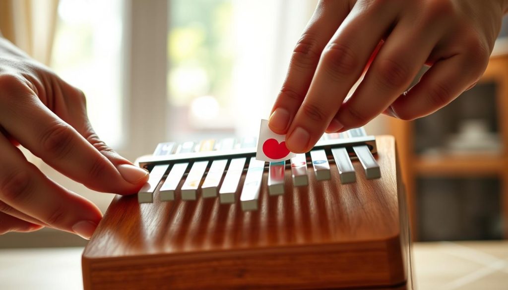 A close-up shot of a person carefully peeling off colorful stickers from a kalimba instrument, showcasing their hands delicately maneuvering. The foreground focuses on the hands, highlighting the gentle grip to avoid damaging the metal keys and wooden body. The middle layer features the kalimba with vibrant stickers partly removed, revealing the natural wood grain underneath. In the background, soft, diffused natural light filters through a window, creating a warm and inviting atmosphere. The overall mood is calm and focused, emphasizing precision and care in the sticker removal process. The scene is framed to draw attention to the interaction between the person and the kalimba, conveying a sense of craftsmanship and attention to detail. A close-up shot of a person carefully peeling off colorful stickers from a kalimba instrument, showcasing their hands delicately maneuvering. The foreground focuses on the hands, highlighting the gentle grip to avoid damaging the metal keys and wooden body. The middle layer features the kalimba with vibrant stickers partly removed, revealing the natural wood grain underneath. In the background, soft, diffused natural light filters through a window, creating a warm and inviting atmosphere. The overall mood is calm and focused, emphasizing precision and care in the sticker removal process. The scene is framed to draw attention to the interaction between the person and the kalimba, conveying a sense of craftsmanship and attention to detail.