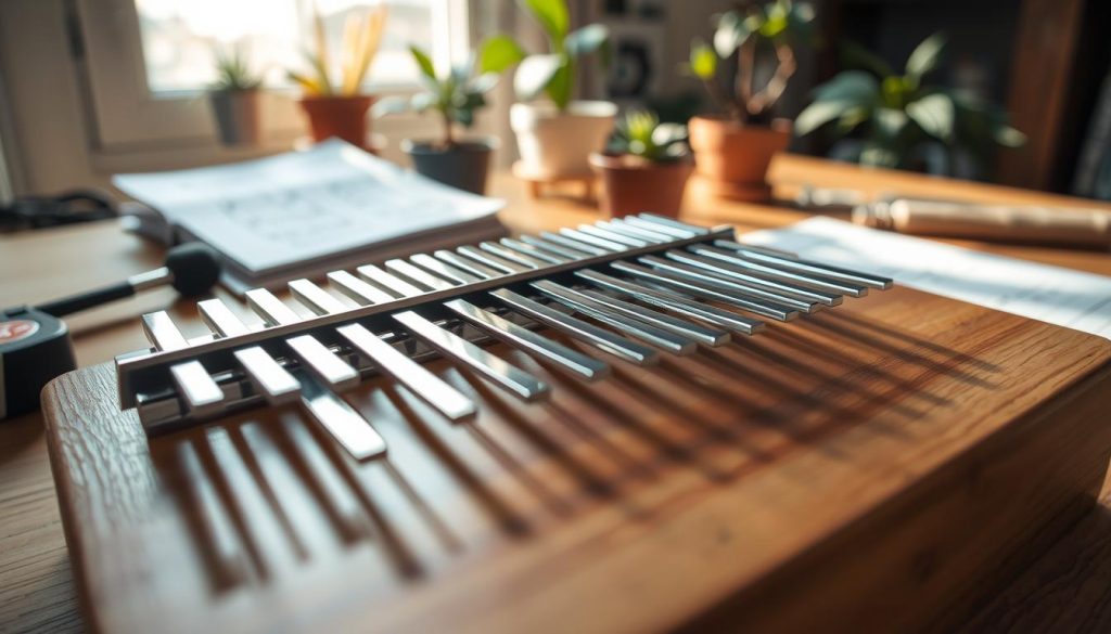 A close-up view of a beautifully crafted kalimba, focusing on its metal tines that are meticulously arranged, showcasing both adjusted and slightly out-of-tune tines. The kalimba is placed on a wooden table, surrounded by a few tuning tools like a tuner and a small rubber mallet. Soft, diffused natural light enters from a nearby window, casting gentle reflections on the instrument's polished surface. In the background, slightly blurred, there are musical sheets and a cozy workspace filled with plants, creating a warm and inviting atmosphere. The image captures a serene yet focused mood, reflecting the careful process of tuning. The composition emphasizes clarity and precision, inviting viewers to appreciate the delicate craftsmanship of the kalimba.