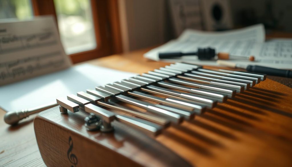 A detailed close-up of a kalimba being tuned, focusing on its metal tines, some visibly out of alignment, producing a slight buzzing sound. The kalimba is placed on a wooden table with tuning tools like a small hammer and tuner nearby. Soft, diffused natural light illuminates the scene from a window, creating gentle shadows. In the background, blurred musical notes and sheet music suggest the instrument's harmonic potential. The mood reflects concentration and creativity, capturing the essence of adjusting a musical instrument. The camera angle is slightly above the kalimba, emphasizing the tines while maintaining clarity of the tuning tools. The setting is serene, ideal for a musician’s workspace.