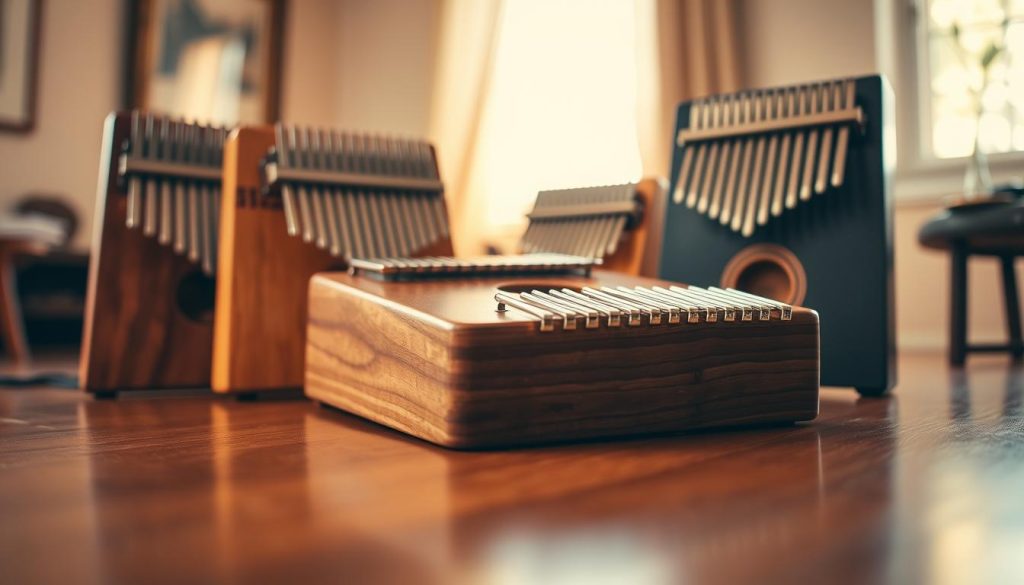 A detailed close-up of various kalimba instruments arranged on a polished wooden surface, showcasing different numbers of tines: 8, 10, 17, and 21. In the foreground, focus on a beautifully crafted 17-note kalimba, highlighting its smooth, natural wood texture and shiny metal tines. In the middle ground, include a 10-note and an 8-note kalimba, creating a harmonious composition to represent the variety. In the background, softly blurred, a 21-note kalimba displays its larger size subtly, all set in a warm, inviting room with gentle, natural lighting streaming through a nearby window. The atmosphere is serene, emphasizing the instruments' beauty and the melodies they create.