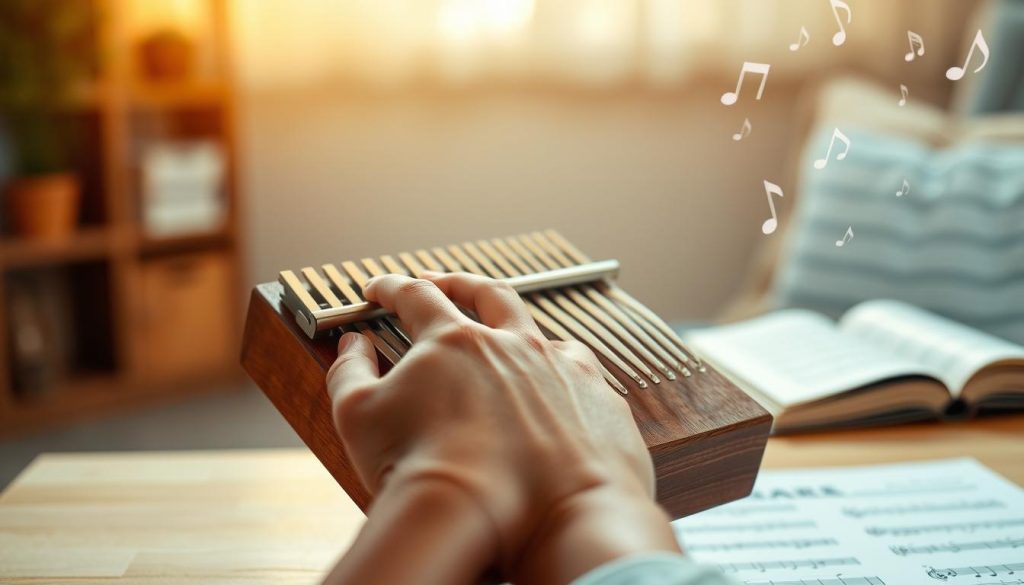 A pair of hands gently holding a kalimba, positioned in the foreground, showcasing the unique wooden texture and metal tines glistening under warm, soft lighting. The fingers are gracefully poised over the keys, demonstrating the correct hand placement for optimal sound production. In the middle ground, a simple wooden tabletop provides a natural setting, while blurred sheet music rests nearby, hinting at the learning process. In the background, a softly lit room hints at a cozy, inviting atmosphere, with musical notes subtly floating in the air to evoke a sense of melody and harmony. The overall mood is tranquil and focused, ideal for a beginner's practice session.