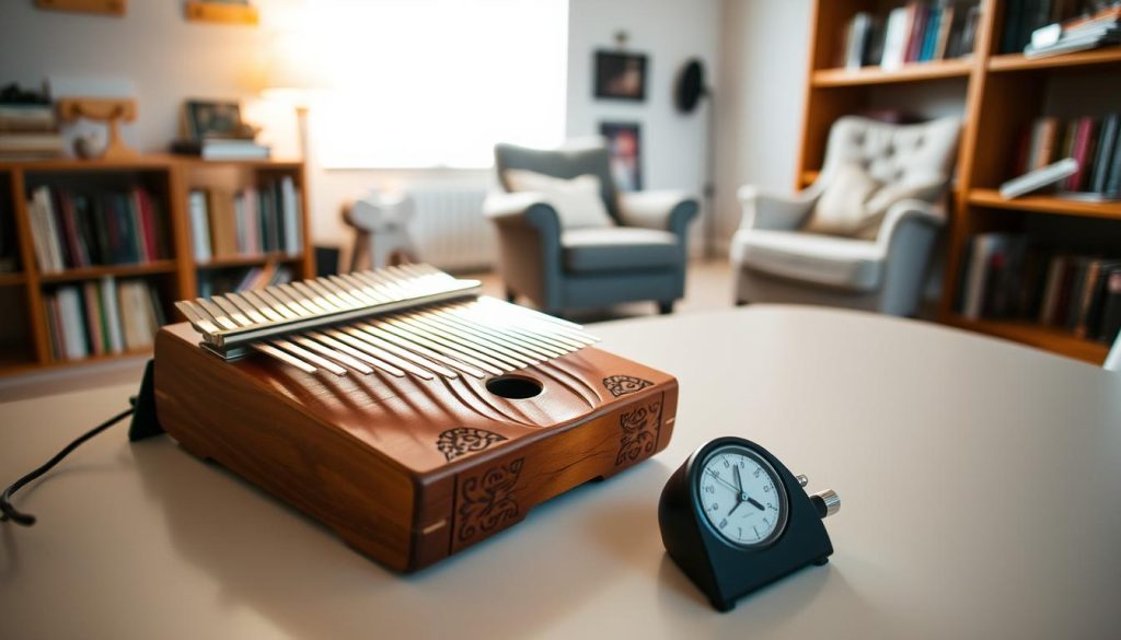 A serene practice space for learning the kalimba, featuring a wooden kalimba resting on a smooth, polished table with a metronome ticking rhythmically nearby. In the foreground, the kalimba is adorned with intricate carvings, showing its craftsmanship. In the middle, a soft, warm light illuminates the scene, creating a calming atmosphere, perfect for focused practice. A pair of hands, modestly dressed in casual clothing, are poised above the kalimba, ready to play. In the background, shelves filled with music books and a cozy chair suggest a dedicated music nook. The overall mood is inviting and inspiring, promoting a sense of tranquility and concentration for a daily training routine.