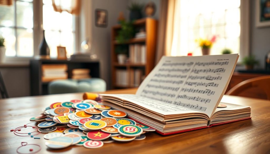 A vibrant and engaging scene featuring colorful "autocollants" (stickers) designed for kalimba sheet music, intricately arranged in the foreground. The stickers should include various musical notes, symbols, and playful designs to attract beginners. In the middle ground, a neatly placed stack of instructional booklets and kalimba sheet music, showcasing colorful page designs, lies open, displaying simple tunes suitable for newcomers. The background features a soft-focus image of a cozy music room, bathed in warm, natural light coming from a window, giving a cheerful and inviting atmosphere. The angle should be slightly elevated to capture all elements harmoniously, emphasizing the learning tools on a wooden desk surface. The overall mood should be friendly and inspiring, perfect for encouraging new kalimba players. A vibrant and engaging scene featuring colorful "autocollants" (stickers) designed for kalimba sheet music, intricately arranged in the foreground. The stickers should include various musical notes, symbols, and playful designs to attract beginners. In the middle ground, a neatly placed stack of instructional booklets and kalimba sheet music, showcasing colorful page designs, lies open, displaying simple tunes suitable for newcomers. The background features a soft-focus image of a cozy music room, bathed in warm, natural light coming from a window, giving a cheerful and inviting atmosphere. The angle should be slightly elevated to capture all elements harmoniously, emphasizing the learning tools on a wooden desk surface. The overall mood should be friendly and inspiring, perfect for encouraging new kalimba players.