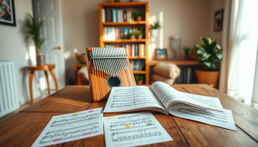 A warm, inviting room bathed in soft natural light showcases a beautiful wooden kalimba placed prominently on a rustic wooden table. In the foreground, vibrant sheet music with easy melodies is spread out, featuring colorful notes that inspire creativity. In the middle, a pair of hands gracefully and gently strumming the kalimba, showcasing the joy and simplicity of playing. In the background, a cozy corner displays a bookshelf filled with music books and decorative plants, enhancing the atmosphere of learning and motivation. The overall mood is uplifting and encouraging, evoking a sense of accomplishment and excitement for beginners. The image is captured from a slightly elevated angle, highlighting both the kalimba and the music sheets while creating a sense of depth and warmth in the scene.