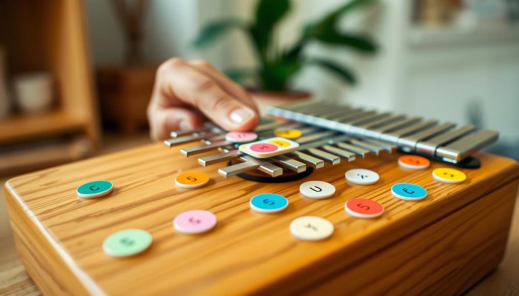 A well-organized display of a kalimba with various colorful stickers placed on the keys, illustrating perfect alignment according to a musical tablature. The foreground features close-up shots of the kalimba keys showcasing the vibrant stickers; each sticker is neatly affixed, with clear visual separation to highlight their positions. The middle ground includes a gently blurred hand positioning a sticker for clarity on placement technique. In the background, soft, diffused lighting enhances the warm wooden texture of the kalimba and suggests a cozy home environment. The atmosphere is calm and inviting, reinforcing the focus on learning and DIY creativity. Use a soft-focus lens to capture the details without distortion, ensuring an appealing depth of field. A well-organized display of a kalimba with various colorful stickers placed on the keys, illustrating perfect alignment according to a musical tablature. The foreground features close-up shots of the kalimba keys showcasing the vibrant stickers; each sticker is neatly affixed, with clear visual separation to highlight their positions. The middle ground includes a gently blurred hand positioning a sticker for clarity on placement technique. In the background, soft, diffused lighting enhances the warm wooden texture of the kalimba and suggests a cozy home environment. The atmosphere is calm and inviting, reinforcing the focus on learning and DIY creativity. Use a soft-focus lens to capture the details without distortion, ensuring an appealing depth of field.