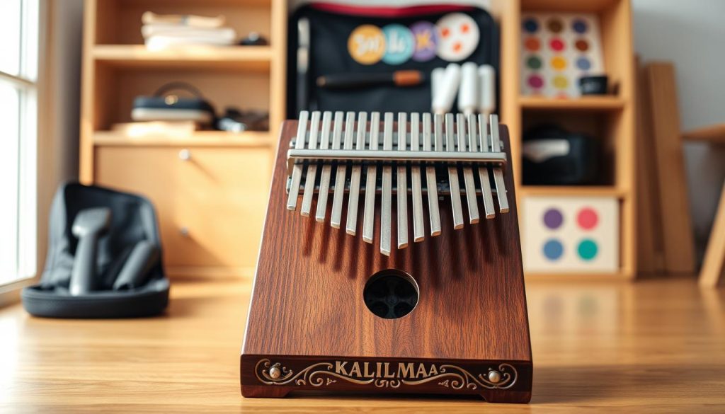 A wooden kalimba stand elegantly displayed in a bright, airy studio environment. In the foreground, the stand features a rich, polished finish, showcasing intricate carvings that highlight its craftsmanship. The middle layer includes a beautifully crafted kalimba resting on the stand, with its keys glistening under soft, diffused lighting, emphasizing the rich tones of the wood. The background reveals a collection of kalimba accessories neatly organized: a mallet, a protective case, and colorful stickers, all subtly out of focus to keep attention on the main subjects. The atmosphere is warm and inviting, suggesting a serene space perfect for music-making. The composition captures a sense of harmony and creativity, ideal for enriching the article's theme on accessories and support for musical instruments. A wooden kalimba stand elegantly displayed in a bright, airy studio environment. In the foreground, the stand features a rich, polished finish, showcasing intricate carvings that highlight its craftsmanship. The middle layer includes a beautifully crafted kalimba resting on the stand, with its keys glistening under soft, diffused lighting, emphasizing the rich tones of the wood. The background reveals a collection of kalimba accessories neatly organized: a mallet, a protective case, and colorful stickers, all subtly out of focus to keep attention on the main subjects. The atmosphere is warm and inviting, suggesting a serene space perfect for music-making. The composition captures a sense of harmony and creativity, ideal for enriching the article's theme on accessories and support for musical instruments.