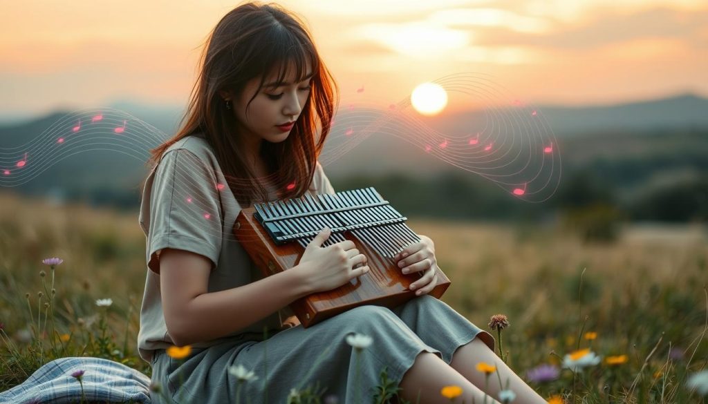 An ethereal scene of a performer playing a kalimba, immersed in the tranquility of nature. In the foreground, capture the musician, a young woman in modest casual clothing, her fingers delicately dancing over the kalimba's wooden keys. She is seated on a soft patch of grass, surrounded by wildflowers. The middle layer showcases melodic sound waves radiating from the instrument, visually represented as colorful, flowing lines that ripple through the air. The background features a serene landscape with a soft-focus sunset, casting warm golden and pink hues across the sky. The lighting is soft and diffused, creating an inviting, peaceful atmosphere, as if the music resonates with the natural world around her.
