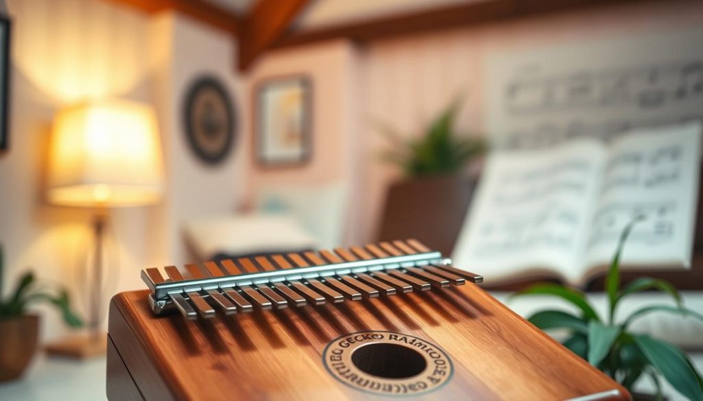 A beautiful, polished kalimba prominently featured in the foreground, with the brand logo of Gecko elegantly displayed on its surface. The kalimba is made of rich wood, showcasing intricate craftsmanship and smooth finishes. In the middle ground, soft, ambient lighting highlights the natural textures of the instrument, creating a warm and inviting atmosphere. In the background, a serene, blurred landscape of a cozy music room adds depth, with soft-colored walls and a hint of musical notes on a sheet, suggesting an artistic vibe. The entire composition conveys a sense of quality and passion for music, emphasizing the Gecko brand's strengths, while keeping the focus on the kalimba itself.