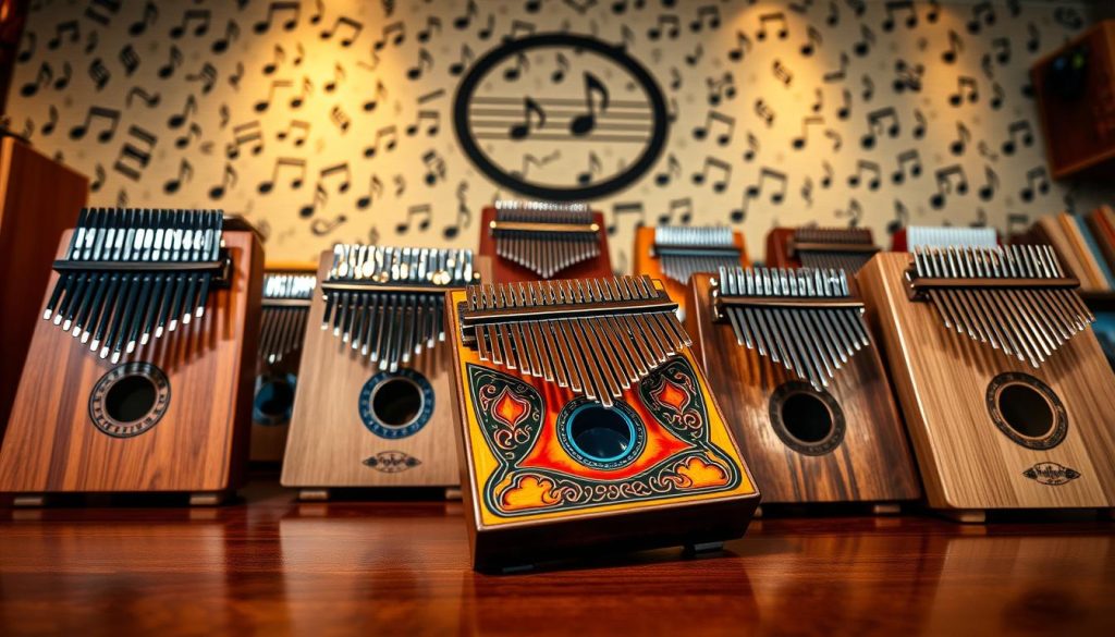 A beautifully arranged display of popular kalimba models at a musical instrument shop, showcasing various designs and wood finishes. In the foreground, focus on an intricately carved wooden kalimba with vibrant colors, gracefully positioned on a polished wooden table. In the middle, include other models in different shapes and sizes, each with unique embellishments reflecting cultural influences. The background features a textured wall adorned with musical notes and soft ambient lighting that creates a warm and inviting atmosphere. Capture the scene using a slight overhead angle to emphasize the diversity of the kalimbas, while maintaining a shallow depth of field to soften the background, enhancing the focus on these exquisite instruments.