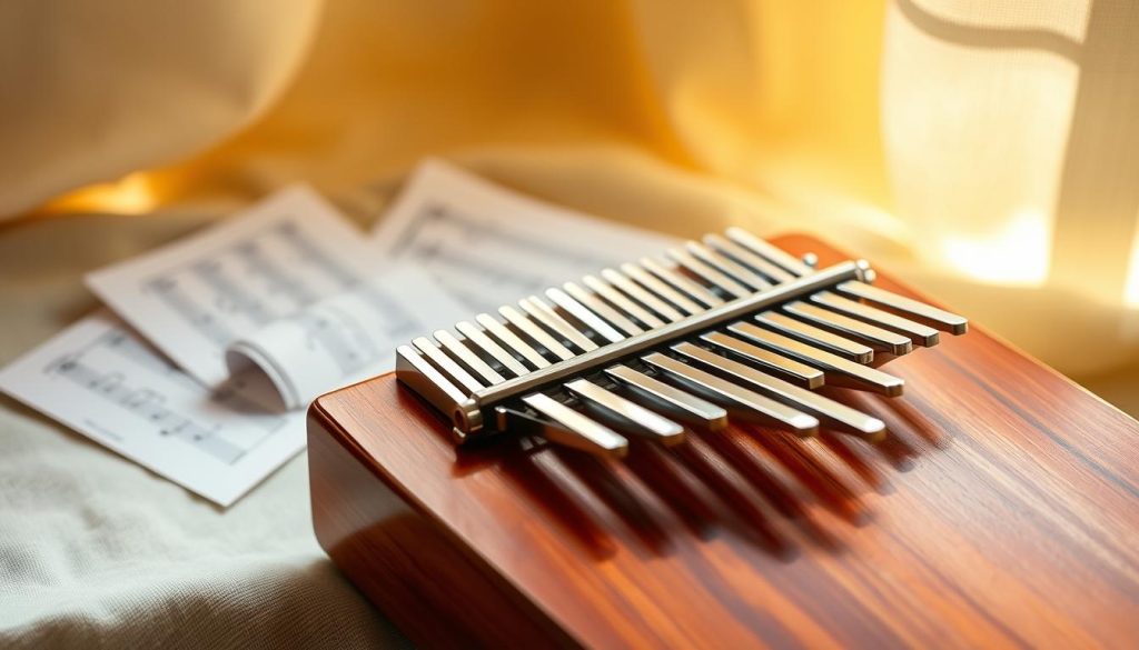 A beautifully arranged kalimba, showcasing its polished wooden body and shining metal tines, resting on a soft, textured fabric backdrop. The foreground features a close-up of the kalimba, highlighting the intricate craftsmanship and unique design. In the middle ground, scattered music sheets hint at melodies waiting to be played, enhancing the musical theme. The background fades into a warm, ambient glow, suggesting a cozy, inviting atmosphere perfect for music-making. Soft, natural lighting casts gentle shadows, creating depth and emphasizing the instrument's curves. The scene conveys an aura of tranquility and creativity, inviting viewers to explore the joys of playing the kalimba.
