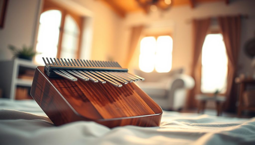 A beautifully crafted kalimba, showcasing its wooden texture and shiny metal tines, placed in the foreground on a soft cloth. The kalimba is slightly angled to display its delicate tuning pegs, highlighting the intricate craftsmanship. In the middle ground, a pair of hands gently adjusting the tuning pegs, emphasizing the theme of accordage. In the background, a softly blurred room filled with warm, natural light filtering through a nearby window, creating a calm and inviting atmosphere. The overall mood reflects a sense of preparation and focus, perfect for someone getting ready to play their kalimba. The image should capture the essence of music-making and the importance of proper tuning without any text or distractions. A beautifully crafted kalimba, showcasing its wooden texture and shiny metal tines, placed in the foreground on a soft cloth. The kalimba is slightly angled to display its delicate tuning pegs, highlighting the intricate craftsmanship. In the middle ground, a pair of hands gently adjusting the tuning pegs, emphasizing the theme of accordage. In the background, a softly blurred room filled with warm, natural light filtering through a nearby window, creating a calm and inviting atmosphere. The overall mood reflects a sense of preparation and focus, perfect for someone getting ready to play their kalimba. The image should capture the essence of music-making and the importance of proper tuning without any text or distractions.