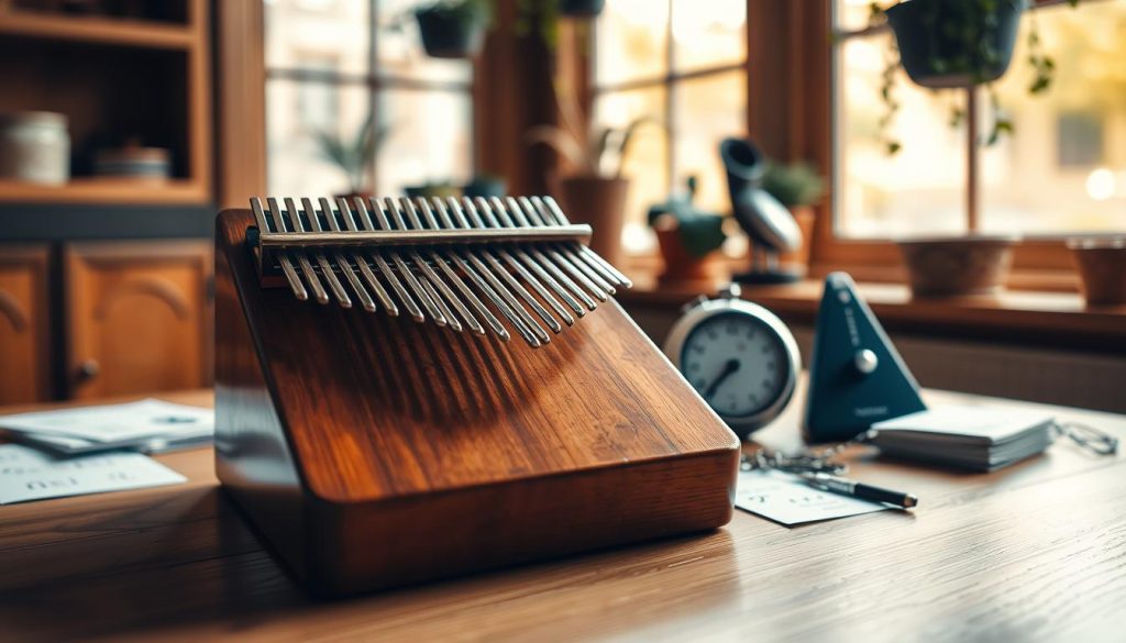 A beautifully crafted kalimba sits elegantly on a wooden table, the warm light from a nearby window casting soft shadows that accentuate its polished finish. In the foreground, focus closely on the instrument’s intricately designed tines, glistening slightly to highlight their metallic sheen. Surrounding the kalimba, various rhythm-related tools and practice materials—such as a metronome and a set of rhythm cards—are arranged neatly, suggesting preparation for a rhythmic exercise session. The background features a cozy, well-lit room with warm wood tones and a few hanging plants, creating a tranquil and inviting atmosphere. The overall mood is one of focus and artistry, capturing the essence of preparing for stable rhythmic play on the kalimba. A beautifully crafted kalimba sits elegantly on a wooden table, the warm light from a nearby window casting soft shadows that accentuate its polished finish. In the foreground, focus closely on the instrument’s intricately designed tines, glistening slightly to highlight their metallic sheen. Surrounding the kalimba, various rhythm-related tools and practice materials—such as a metronome and a set of rhythm cards—are arranged neatly, suggesting preparation for a rhythmic exercise session. The background features a cozy, well-lit room with warm wood tones and a few hanging plants, creating a tranquil and inviting atmosphere. The overall mood is one of focus and artistry, capturing the essence of preparing for stable rhythmic play on the kalimba.