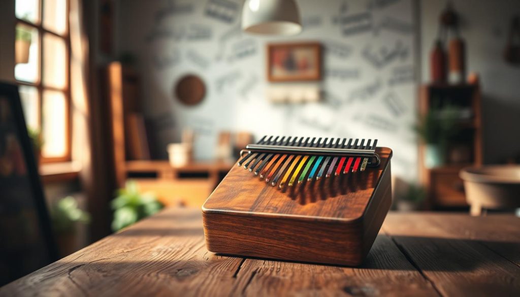 A beautifully crafted kalimba sits prominently on a rustic wooden table, showcasing its shiny metal keys in a vibrant array of colors. The foreground features intricate details of the instrument, highlighting the smooth surface of the wood and the delicate curvature of the keys. In the middle ground, soft natural light streams through a nearby window, casting gentle shadows that accentuate the kalimba's form. In the background, a blurred view of a serene room filled with musical notes and a peaceful ambiance suggests a space dedicated to creativity. The atmosphere is inviting and warm, evoking a sense of exploration and understanding of music. The focus is sharp on the kalimba, emphasizing its role as a tool for melody construction. A beautifully crafted kalimba sits prominently on a rustic wooden table, showcasing its shiny metal keys in a vibrant array of colors. The foreground features intricate details of the instrument, highlighting the smooth surface of the wood and the delicate curvature of the keys. In the middle ground, soft natural light streams through a nearby window, casting gentle shadows that accentuate the kalimba's form. In the background, a blurred view of a serene room filled with musical notes and a peaceful ambiance suggests a space dedicated to creativity. The atmosphere is inviting and warm, evoking a sense of exploration and understanding of music. The focus is sharp on the kalimba, emphasizing its role as a tool for melody construction.