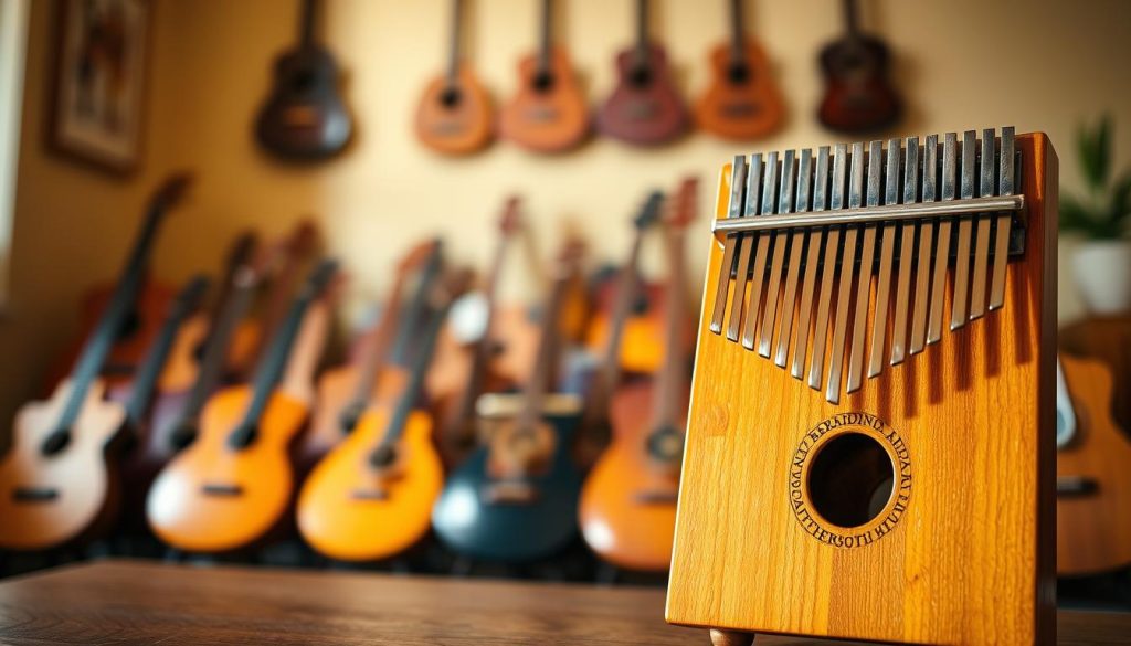 A beautifully designed kalimba instrument sits prominently in the foreground, showcasing its bright wooden body and polished metal tines. The instrument is positioned at a slight angle to capture the unique contours and craftsmanship details. In the middle ground, a softly blurred collection of various kalimba models is displayed, highlighting the diversity in styles, sizes, and materials. The background features a warm, inviting room with gentle ambient lighting, casting soft shadows that enhance the instrument's natural beauty. The atmosphere is serene and artistic, inviting the viewer to appreciate the musical characteristics and artisan quality of the kalimba. The scene is captured using a shallow depth of field with a focal lens to draw attention to the kalimba, ensuring all elements are harmoniously balanced.
