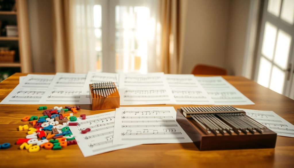 A beautifully organized layout of kalimba notation sheets on a wooden surface, focusing on different systems of musical notes. In the foreground, a neatly arranged collection of colorful kalimba notes symbols, such as numbers and letters, alongside a few small wooden kalimbas. In the middle ground, detailed notations that clearly illustrate various scales and melodies, with annotations demonstrating their placement on the kalimba. The background features soft, natural light filtering in through a window, casting gentle shadows that create a warm and inviting atmosphere. The scene conveys a sense of calm and focus, perfect for understanding music notation. The overall mood should be educational and inspiring, encouraging the viewer to explore the art of playing the kalimba. A beautifully organized layout of kalimba notation sheets on a wooden surface, focusing on different systems of musical notes. In the foreground, a neatly arranged collection of colorful kalimba notes symbols, such as numbers and letters, alongside a few small wooden kalimbas. In the middle ground, detailed notations that clearly illustrate various scales and melodies, with annotations demonstrating their placement on the kalimba. The background features soft, natural light filtering in through a window, casting gentle shadows that create a warm and inviting atmosphere. The scene conveys a sense of calm and focus, perfect for understanding music notation. The overall mood should be educational and inspiring, encouraging the viewer to explore the art of playing the kalimba.