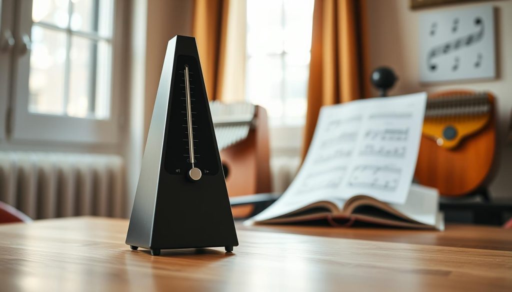 A close-up of a sleek, modern metronome on a wooden table, in a warmly lit room. The metronome's pendulum swings rhythmically, creating a sense of motion and progression. In the background, slightly blurred, a well-organized music space with a kalimba and sheet music subtly hints at the article's theme. Soft, natural light filters through a nearby window, casting gentle shadows and highlights that enhance the warm atmosphere. The overall mood is focused and inspiring, evoking a sense of dedication to mastering rhythm. The composition is captured at eye level, emphasizing the importance of the metronome in the rhythmic practice. A close-up of a sleek, modern metronome on a wooden table, in a warmly lit room. The metronome's pendulum swings rhythmically, creating a sense of motion and progression. In the background, slightly blurred, a well-organized music space with a kalimba and sheet music subtly hints at the article's theme. Soft, natural light filters through a nearby window, casting gentle shadows and highlights that enhance the warm atmosphere. The overall mood is focused and inspiring, evoking a sense of dedication to mastering rhythm. The composition is captured at eye level, emphasizing the importance of the metronome in the rhythmic practice.