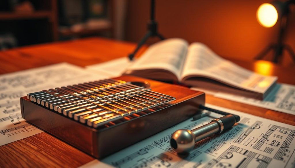 A close-up view of a beautifully crafted kalimba resting on a wooden table, surrounded by colorful sheet music. The foreground highlights the kalimba's polished wooden body, with its metal tines glimmering in soft, warm light. In the middle ground, a well-organized set of tuning tools lies invitingly, indicating the act of tuning the instrument. The background features a softly blurred music stand, gently illuminated by a warm spotlight, creating a cozy atmosphere. The setting conveys a sense of calm and focus, perfect for musicians immersing themselves in the art of tuning their kalimba for harmonious melodies. The overall color palette is earthy and warm, enhancing the serene, creative environment. A close-up view of a beautifully crafted kalimba resting on a wooden table, surrounded by colorful sheet music. The foreground highlights the kalimba's polished wooden body, with its metal tines glimmering in soft, warm light. In the middle ground, a well-organized set of tuning tools lies invitingly, indicating the act of tuning the instrument. The background features a softly blurred music stand, gently illuminated by a warm spotlight, creating a cozy atmosphere. The setting conveys a sense of calm and focus, perfect for musicians immersing themselves in the art of tuning their kalimba for harmonious melodies. The overall color palette is earthy and warm, enhancing the serene, creative environment.