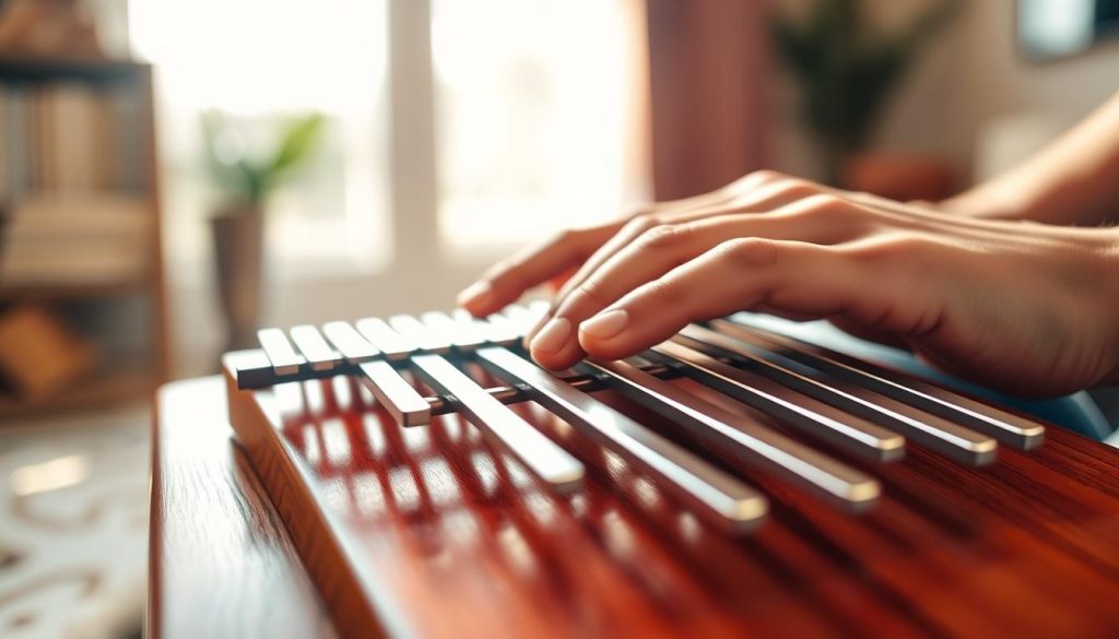 A close-up view of a pair of hands skillfully playing a kalimba, highlighting the coordination and independence of the thumbs. The foreground focuses on the thumbs gently pressing down on the metal tines of the kalimba, with soft fingers relaxed on the sides. In the middle ground, the kalimba's vibrant wood grain and polished finish are visible, emphasizing the craftsmanship of the instrument. The background features a softly blurred room setting, bathed in warm, natural light streaming through a window, creating a serene atmosphere. The image captures a sense of focus and rhythm, ideal for illustrating the art of playing melodic patterns on the kalimba. A close-up view of a pair of hands skillfully playing a kalimba, highlighting the coordination and independence of the thumbs. The foreground focuses on the thumbs gently pressing down on the metal tines of the kalimba, with soft fingers relaxed on the sides. In the middle ground, the kalimba's vibrant wood grain and polished finish are visible, emphasizing the craftsmanship of the instrument. The background features a softly blurred room setting, bathed in warm, natural light streaming through a window, creating a serene atmosphere. The image captures a sense of focus and rhythm, ideal for illustrating the art of playing melodic patterns on the kalimba.