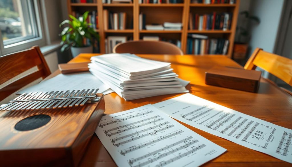 A serene and inviting workspace filled with kalimba tablatures and sheet music scattered across a polished wooden table. In the foreground, an open kalimba sits beside colorful tablatures displaying notes and chords. The middle ground features a stack of neatly arranged music sheets, some partially rolled up, while a bright, soft natural light filters through a nearby window, creating gentle shadows. The background includes a bookshelf filled with music theory books and a potted plant, adding a touch of greenery. The scene conveys a calm and inspiring atmosphere, perfect for learning music without the complexities of traditional notation. The camera angle captures the tablatures in focus, emphasizing the clarity and accessibility of the music for beginners. A serene and inviting workspace filled with kalimba tablatures and sheet music scattered across a polished wooden table. In the foreground, an open kalimba sits beside colorful tablatures displaying notes and chords. The middle ground features a stack of neatly arranged music sheets, some partially rolled up, while a bright, soft natural light filters through a nearby window, creating gentle shadows. The background includes a bookshelf filled with music theory books and a potted plant, adding a touch of greenery. The scene conveys a calm and inspiring atmosphere, perfect for learning music without the complexities of traditional notation. The camera angle captures the tablatures in focus, emphasizing the clarity and accessibility of the music for beginners.