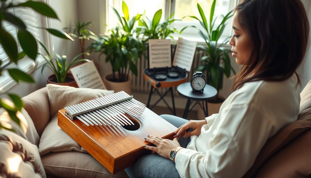 A serene home environment, featuring a cozy nook with a warm wooden kalimba resting on a plush cushion. In the foreground, a person of diverse ethnicity, wearing casual yet professional attire, gently plucks the strings of the kalimba, focused and serene. In the middle ground, a small table displays music sheets and a metronome, suggesting an organized practice space. Soft, natural light filters through a nearby window, casting gentle shadows and highlighting the textures of the room. The background is adorned with indoor plants, creating a calm and inspiring atmosphere. The overall mood is tranquil yet motivational, perfect for illustrating a daily practice routine focused on rhythm exercises. A serene home environment, featuring a cozy nook with a warm wooden kalimba resting on a plush cushion. In the foreground, a person of diverse ethnicity, wearing casual yet professional attire, gently plucks the strings of the kalimba, focused and serene. In the middle ground, a small table displays music sheets and a metronome, suggesting an organized practice space. Soft, natural light filters through a nearby window, casting gentle shadows and highlighting the textures of the room. The background is adorned with indoor plants, creating a calm and inspiring atmosphere. The overall mood is tranquil yet motivational, perfect for illustrating a daily practice routine focused on rhythm exercises.