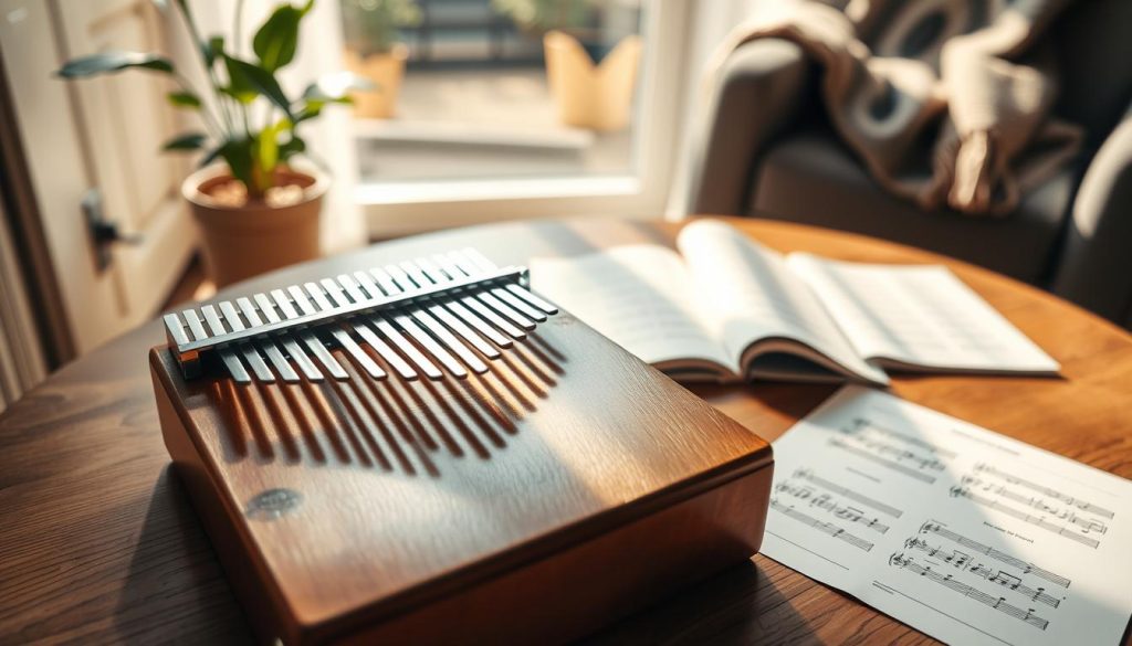 A serene indoor setting featuring a beautifully crafted kalimba placed on a wooden table. The kalimba, made of warm-toned wood with gleaming metallic tines, is positioned in the foreground, highlighting its intricate details. Surrounding the kalimba, scattered sheet music displays recognizable melodies, hinting at popular songs suitable for beginners. In the background, soft natural light filters through a window, casting gentle shadows and creating a calming atmosphere. A potted plant can be seen in the corner, adding a touch of greenery, while a cozy blanket is draped over a nearby chair. The scene captures a sense of tranquility and inspiration, inviting viewers to explore the joy of playing the kalimba. The camera angle is slightly above the table, focusing on the kalimba and music without any distractions. A serene indoor setting featuring a beautifully crafted kalimba placed on a wooden table. The kalimba, made of warm-toned wood with gleaming metallic tines, is positioned in the foreground, highlighting its intricate details. Surrounding the kalimba, scattered sheet music displays recognizable melodies, hinting at popular songs suitable for beginners. In the background, soft natural light filters through a window, casting gentle shadows and creating a calming atmosphere. A potted plant can be seen in the corner, adding a touch of greenery, while a cozy blanket is draped over a nearby chair. The scene captures a sense of tranquility and inspiration, inviting viewers to explore the joy of playing the kalimba. The camera angle is slightly above the table, focusing on the kalimba and music without any distractions.