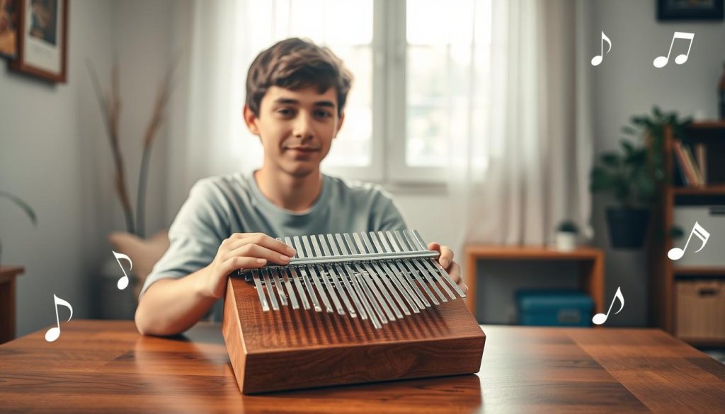 A serene indoor setting where a curious beginner, a young adult in modest casual attire, is sitting at a wooden table with a kalimba in front of them. They have a focused expression as they gently play the instrument, highlighting the two-thumb technique. The foreground showcases the intricately designed kalimba with its metal tines catching soft, warm light. In the middle, the beginner's hands are poised above the kalimba, in the midst of creating a harmonious melody. The background features a cozy room with soft, diffused natural light streaming through a window, and gentle musical notes subtly illustrated around the scene, enhancing the musical atmosphere. The overall mood is inviting and encouraging, perfect for a beginner's journey in learning music. A serene indoor setting where a curious beginner, a young adult in modest casual attire, is sitting at a wooden table with a kalimba in front of them. They have a focused expression as they gently play the instrument, highlighting the two-thumb technique. The foreground showcases the intricately designed kalimba with its metal tines catching soft, warm light. In the middle, the beginner's hands are poised above the kalimba, in the midst of creating a harmonious melody. The background features a cozy room with soft, diffused natural light streaming through a window, and gentle musical notes subtly illustrated around the scene, enhancing the musical atmosphere. The overall mood is inviting and encouraging, perfect for a beginner's journey in learning music.