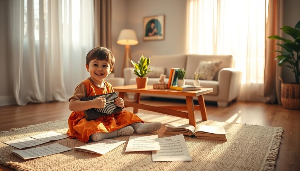 A serene scene featuring a young child playing a kalimba, sitting on a cozy rug in a softly lit room. In the foreground, the child, dressed in modest, colorful clothing, smiles as they pluck the keys of the kalimba, surrounded by scattered sheet music of traditional melodies. In the middle, a warm wooden coffee table holds a small potted plant and a few well-loved children's books, while a gentle glow emanates from a nearby lamp, casting soft shadows. The background reveals a large window with sunlight streaming through sheer curtains, illuminating the space and creating a peaceful, inviting atmosphere. The overall mood is joyful and calm, perfect for showcasing a moment of musical discovery for beginners. A serene scene featuring a young child playing a kalimba, sitting on a cozy rug in a softly lit room. In the foreground, the child, dressed in modest, colorful clothing, smiles as they pluck the keys of the kalimba, surrounded by scattered sheet music of traditional melodies. In the middle, a warm wooden coffee table holds a small potted plant and a few well-loved children's books, while a gentle glow emanates from a nearby lamp, casting soft shadows. The background reveals a large window with sunlight streaming through sheer curtains, illuminating the space and creating a peaceful, inviting atmosphere. The overall mood is joyful and calm, perfect for showcasing a moment of musical discovery for beginners.