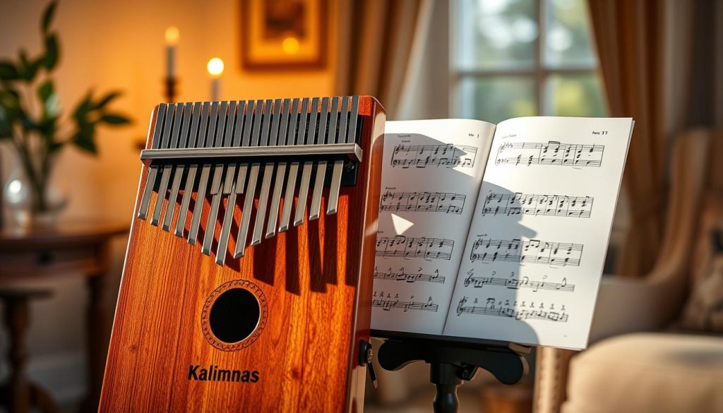 A beautifully arranged kalimba sheet music partition set against a soft, blurred background of a cozy music room. The foreground showcases the kalimba, with its distinctive wooden body and 17 shiny metal tines, positioned on an elegant music stand. The sheet music is adorned with colorful note symbols indicating the simple melodies, crafted specifically for beginners. Warm, natural lighting filters through a nearby window, casting gentle shadows that create an inviting atmosphere. The overall mood is serene and inspirational, encouraging learners to engage with the music effortlessly. The composition highlights the intricate details of the kalimba and the clarity of the sheet music, making it easy to visualize and understand. No text or other distractions are present in the image. A beautifully arranged kalimba sheet music partition set against a soft, blurred background of a cozy music room. The foreground showcases the kalimba, with its distinctive wooden body and 17 shiny metal tines, positioned on an elegant music stand. The sheet music is adorned with colorful note symbols indicating the simple melodies, crafted specifically for beginners. Warm, natural lighting filters through a nearby window, casting gentle shadows that create an inviting atmosphere. The overall mood is serene and inspirational, encouraging learners to engage with the music effortlessly. The composition highlights the intricate details of the kalimba and the clarity of the sheet music, making it easy to visualize and understand. No text or other distractions are present in the image.