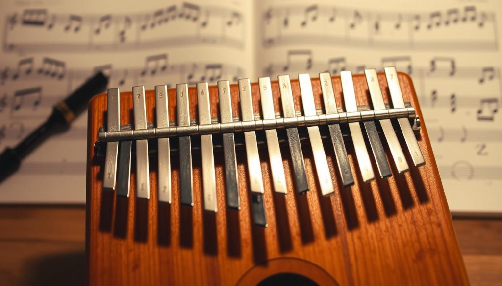A beautifully arranged kalimba with 17 metal tines displayed in a well-lit environment, emphasizing their unique disposition. The foreground features the wooden body of the kalimba, showcasing its elegant curves and natural wood grain. In the middle ground, the tines are positioned in a semi-circle, each labeled with their respective musical notes for clarity. Soft, warm lighting highlights the metallic sheen of the tines, casting gentle reflections and shadows. The background is a blurred image of sheet music, hinting at the instrument's musical purpose. The atmosphere is inviting and educational, with a serene ambiance that invites viewers to explore the kalimba's layout. The image should convey a sense of harmony and creativity, ideal for a musical learning context. A beautifully arranged kalimba with 17 metal tines displayed in a well-lit environment, emphasizing their unique disposition. The foreground features the wooden body of the kalimba, showcasing its elegant curves and natural wood grain. In the middle ground, the tines are positioned in a semi-circle, each labeled with their respective musical notes for clarity. Soft, warm lighting highlights the metallic sheen of the tines, casting gentle reflections and shadows. The background is a blurred image of sheet music, hinting at the instrument's musical purpose. The atmosphere is inviting and educational, with a serene ambiance that invites viewers to explore the kalimba's layout. The image should convey a sense of harmony and creativity, ideal for a musical learning context.
