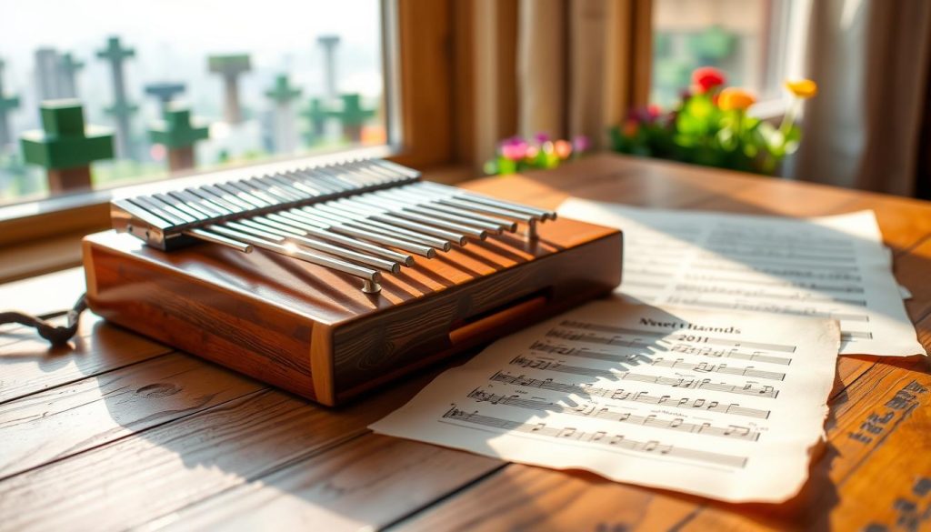 A beautifully arranged kalimba with detailed tabs laid out clearly on a wooden surface, emphasizing the layout for the song "Wet Hands" from Minecraft. In the foreground, the kalimba is shown with its keys glimmering softly under natural light, highlighting their craftsmanship. The tabs, displaying numbers, are neatly organized beside the instrument, printed on aged parchment for a vintage feel. The middle background features a softly blurred Minecraft landscape, showcasing blocky trees and colorful flowers, hinting at the game's environment. The scene is illuminated by warm sunlight filtering through a nearby window, creating a serene and inviting atmosphere that inspires creativity and musical exploration.