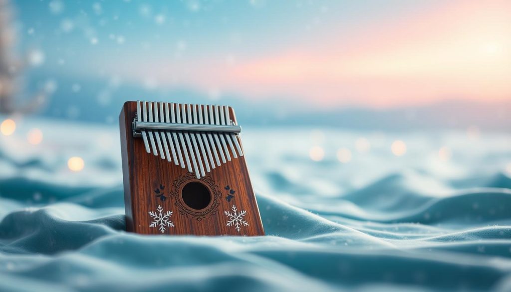 A beautifully crafted kalimba in the foreground, featuring intricate designs inspired by "Let It Go" from Disney's Frozen. The kalimba is resting on a soft, icy blue cloth, with delicate snowflake patterns subtly visible. In the middle ground, a warm, ambient light shines on the kalimba, highlighting its wooden texture and tuning pegs. In the background, a whimsical winter scene depicts a gentle snowfall, with a dreamy, pastel sky transitioning from light blue to soft lavender. The overall atmosphere is serene and enchanting, evoking the magic of winter and music. A shallow depth of field keeps the focus sharp on the kalimba, inviting viewers to feel the warmth of playing this beloved piece.