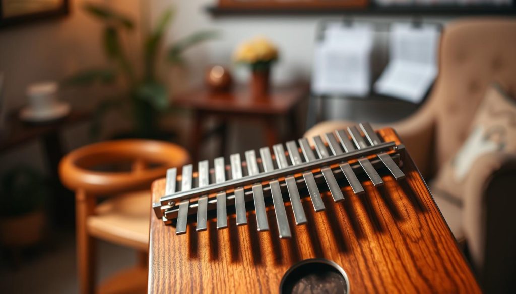A beautifully crafted kalimba instrument with 17 vibrant metal tines, showcasing a rich wooden body with natural grain patterns. The kalimba is positioned prominently in the foreground, illuminated by soft, warm lighting that accentuates its curves and details. In the middle ground, a cozy room setting features a wooden table and a comfortable chair, suggesting an inviting space for music-making. In the background, gentle bokeh creates a blurred effect of plants or musical sheets, adding depth without distraction. The overall mood is tranquil and artistic, perfect for inspiring creativity and joy in playing this melodic instrument. A beautifully crafted kalimba instrument with 17 vibrant metal tines, showcasing a rich wooden body with natural grain patterns. The kalimba is positioned prominently in the foreground, illuminated by soft, warm lighting that accentuates its curves and details. In the middle ground, a cozy room setting features a wooden table and a comfortable chair, suggesting an inviting space for music-making. In the background, gentle bokeh creates a blurred effect of plants or musical sheets, adding depth without distraction. The overall mood is tranquil and artistic, perfect for inspiring creativity and joy in playing this melodic instrument.
