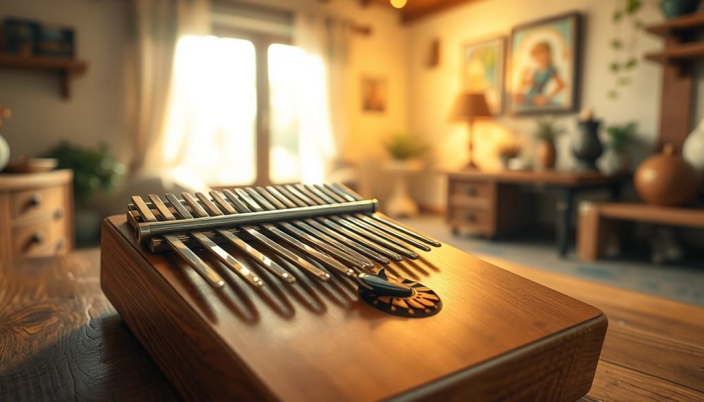 A beautifully crafted kalimba resting on a rustic wooden table, its smooth, polished surface reflecting soft, warm overhead light. The foreground features intricate details of the kalimba's tines made from high-quality metal, showcasing a harmonious arrangement. In the middle, a cozy, inviting room setting can be seen, with hints of traditional Zelda illustrations subtly integrated into the background. Dim light filters through a nearby window, creating a magical atmosphere reminiscent of Hyrule. A warm color palette of greens and browns adds to the serenity, suggesting a peaceful environment for learning and playing music. The overall mood is tranquil and nostalgic, perfect for immersing oneself in the enchanting melodies of Zelda's lullaby. A beautifully crafted kalimba resting on a rustic wooden table, its smooth, polished surface reflecting soft, warm overhead light. The foreground features intricate details of the kalimba's tines made from high-quality metal, showcasing a harmonious arrangement. In the middle, a cozy, inviting room setting can be seen, with hints of traditional Zelda illustrations subtly integrated into the background. Dim light filters through a nearby window, creating a magical atmosphere reminiscent of Hyrule. A warm color palette of greens and browns adds to the serenity, suggesting a peaceful environment for learning and playing music. The overall mood is tranquil and nostalgic, perfect for immersing oneself in the enchanting melodies of Zelda's lullaby.