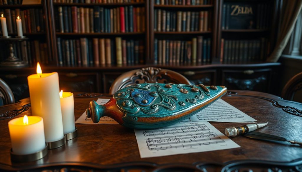 A beautifully crafted ocarina resting on an ornate wooden table, surrounded by sheet music of "Zelda's Lullaby." The ocarina is made of clay with intricate designs, displaying a vibrant glaze of blues and greens. In the foreground, softly lit candles create a warm glow, reflecting off the ocarina’s surface. The middle ground features the rich texture of the wooden table, adorned with elements of music history like old parchment and a quill. In the background, a dimly lit bookshelf filled with fantasy novels and art related to the Legend of Zelda series creates an inviting atmosphere. The composition captures a sense of nostalgia and wonder, with soft, warm lighting enhancing the serene ambiance, perfect for music lovers and gamers alike. A beautifully crafted ocarina resting on an ornate wooden table, surrounded by sheet music of "Zelda's Lullaby." The ocarina is made of clay with intricate designs, displaying a vibrant glaze of blues and greens. In the foreground, softly lit candles create a warm glow, reflecting off the ocarina’s surface. The middle ground features the rich texture of the wooden table, adorned with elements of music history like old parchment and a quill. In the background, a dimly lit bookshelf filled with fantasy novels and art related to the Legend of Zelda series creates an inviting atmosphere. The composition captures a sense of nostalgia and wonder, with soft, warm lighting enhancing the serene ambiance, perfect for music lovers and gamers alike.