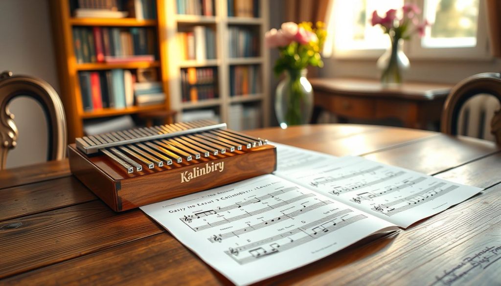A detailed kalimba tablature spread across an antique wooden table, showcasing colorful and easy-to-read sheet music. In the foreground, the sheet music features numbers and letter notations clearly labeled for beginners, with playful Disney motifs subtly integrated into the design. The middle ground includes a beautiful, elegant kalimba resting beside the tablature, reflecting warm, natural light. In the background, a softly blurred bookshelf filled with music theory books and a vase of fresh flowers adds a homely touch. The scene is bathed in soft, diffused sunlight coming from a nearby window, creating a cheerful and inviting atmosphere. The overall mood is one of creativity and accessibility, perfect for inspiring beginner kalimba players.