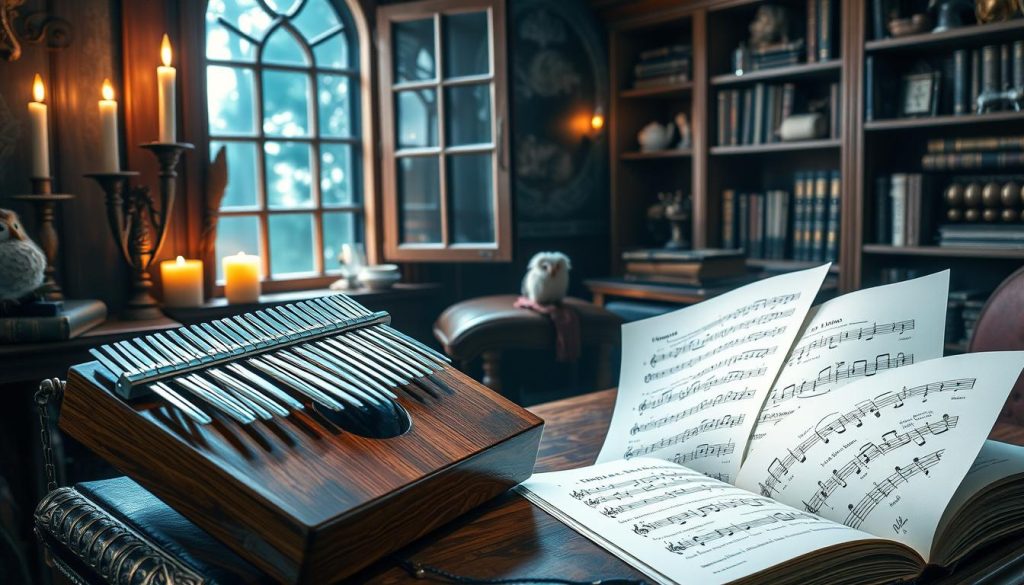 A serene and enchanting scene set in a softly lit, cozy study filled with magical elements. In the foreground, a beautifully crafted kalimba rests atop an ornate wooden desk, with glossy notes of the Hedwig theme spread out beside it, invitingly displayed. The middle ground features an open window, allowing gentle moonlight to stream in, illuminating fluttering pages of sheet music. Surrounding the study are mystical details like floating candles and a plush owl perched on an old, leather-bound book. The background reveals shelves lined with spell books and curiosities, enhancing the magical atmosphere. The color palette consists of warm wood tones, soft blues, and silvers, evoking a whimsical yet tranquil mood, perfect for a magical musical journey. A serene and enchanting scene set in a softly lit, cozy study filled with magical elements. In the foreground, a beautifully crafted kalimba rests atop an ornate wooden desk, with glossy notes of the Hedwig theme spread out beside it, invitingly displayed. The middle ground features an open window, allowing gentle moonlight to stream in, illuminating fluttering pages of sheet music. Surrounding the study are mystical details like floating candles and a plush owl perched on an old, leather-bound book. The background reveals shelves lined with spell books and curiosities, enhancing the magical atmosphere. The color palette consists of warm wood tones, soft blues, and silvers, evoking a whimsical yet tranquil mood, perfect for a magical musical journey.