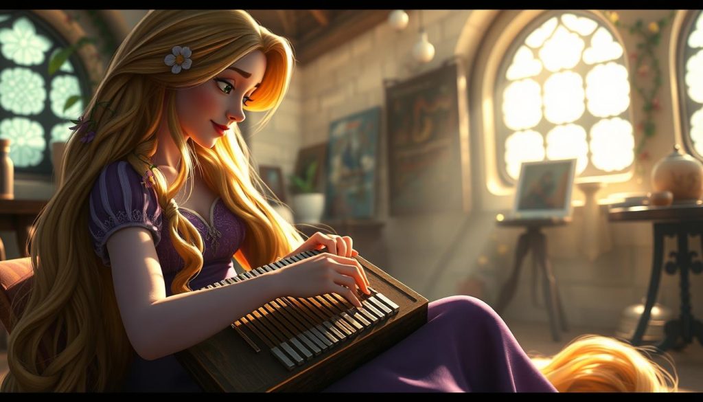A serene and whimsical scene depicting Rapunzel from Disney's "Tangled" sitting in her enchanted tower room, deeply engrossed in playing a kalimba. The foreground showcases her delicate hands gracefully moving over the kalimba's keys, with sunlight streaming through the window, casting soft, warm glows. In the middle ground, Rapunzel’s long, golden hair cascades around her, entwined with blooming flowers and vines, symbolizing freedom and creativity. The background reveals the tower's stone walls adorned with paintings and art supplies, hinting at her artistic spirit. The atmosphere is dreamy and inspiring, evoking a sense of longing and hope as Rapunzel contemplates her life and dreams. The lighting is soft and ethereal, with a focus on the warm colors that enhance the magical ambiance of this moment.