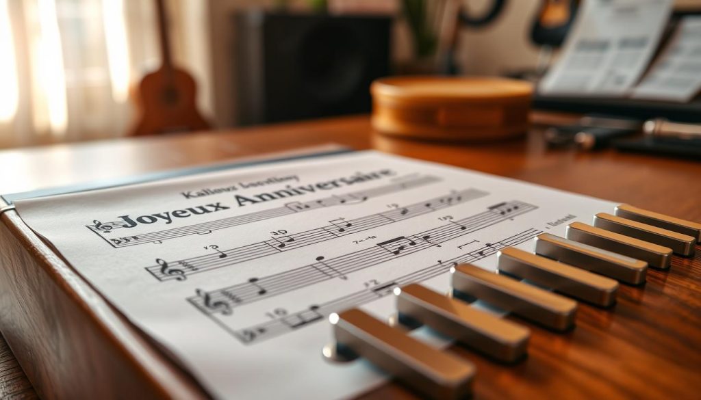 A vibrant and detailed close-up of a kalimba tablature sheet music, prominently displaying easily readable notes and numbers for the melody "Joyeux Anniversaire." The foreground features well-defined tablature lines with clear notations, surrounded by beautifully crafted kalimba keys in soft focus. In the middle ground, a gently lit wooden table enhances the warm, inviting atmosphere, while a soft light source from the left creates gentle shadows, emphasizing the contours of the kalimba. The background remains blurred, featuring hints of a cozy room with musical instruments and notes, enriching the context without distraction. The overall mood is inspiring and educational, encouraging progression in learning music in a relaxed setting. A vibrant and detailed close-up of a kalimba tablature sheet music, prominently displaying easily readable notes and numbers for the melody "Joyeux Anniversaire." The foreground features well-defined tablature lines with clear notations, surrounded by beautifully crafted kalimba keys in soft focus. In the middle ground, a gently lit wooden table enhances the warm, inviting atmosphere, while a soft light source from the left creates gentle shadows, emphasizing the contours of the kalimba. The background remains blurred, featuring hints of a cozy room with musical instruments and notes, enriching the context without distraction. The overall mood is inspiring and educational, encouraging progression in learning music in a relaxed setting.