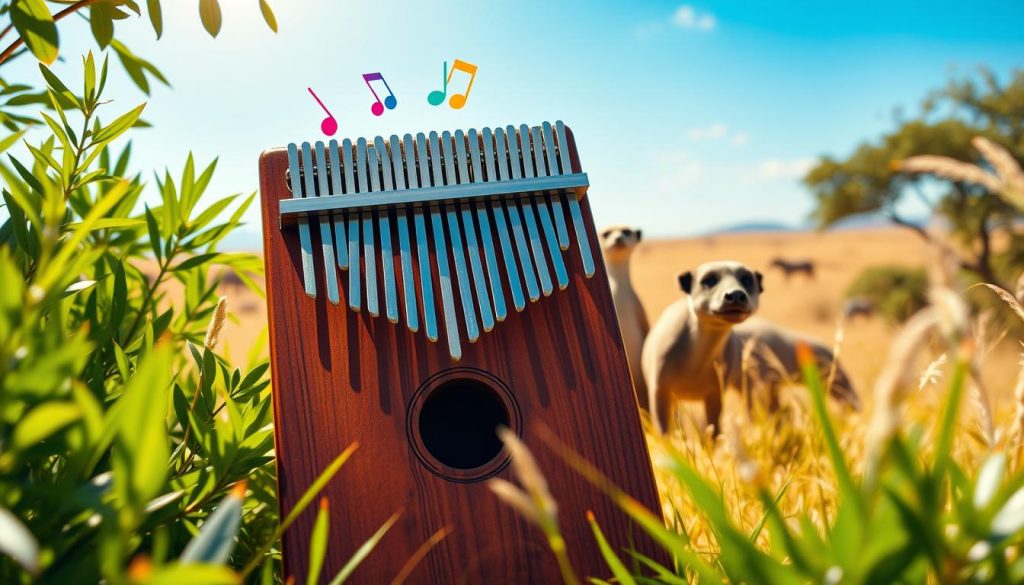 A vibrant kalimba surrounded by lush greenery, open to a bright, sunlit scene. In the foreground, the kalimba is elegantly displayed, its wooden texture glistening in the sunlight, with colorful notes floating above it. In the middle ground, playful animals from the "Lion King," like a cheerful meerkat and a carefree warthog, dance around, embodying the essence of "Hakuna Matata." The background features a serene savanna landscape under a clear blue sky, with soft, golden grass swaying gently in the breeze. The lighting is warm and inviting, casting soft shadows that enhance the joyful atmosphere of the scene, evoking a sense of carefree fun and musical harmony. The overall mood is playful and uplifting, inviting beginners to join in the joy of music.