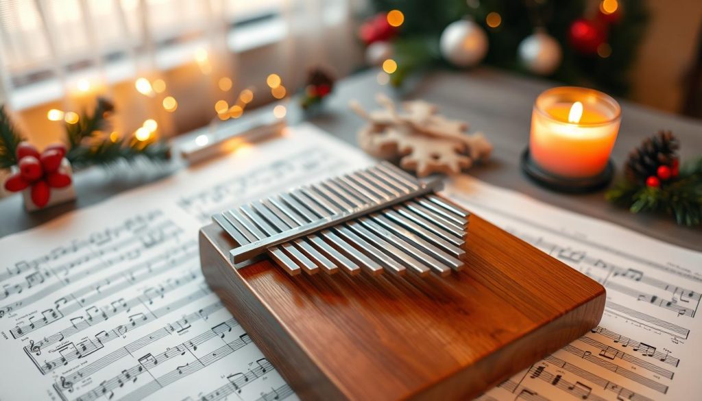 A beautifully arranged PDF document featuring kalimba tablatures laid out on music sheets, showcasing “Vive le vent” in a visually engaging manner. The foreground includes a close-up of the PDF with intricate musical notes and clear finger placements. In the middle, a wooden kalimba rests on a table, inviting the viewer to imagine playing the piece. The background captures a cozy holiday atmosphere with subtle decorations like twinkling fairy lights and a soft, warm glow from a nearby candle. The lighting is soft and inviting, creating a peaceful mood ideal for the festive season. The angle is slightly elevated, focusing on the document while hinting at the surrounding cozy, festive environment. The image is vivid and engaging, aiming to inspire learning and enjoyment of the kalimba. A beautifully arranged PDF document featuring kalimba tablatures laid out on music sheets, showcasing “Vive le vent” in a visually engaging manner. The foreground includes a close-up of the PDF with intricate musical notes and clear finger placements. In the middle, a wooden kalimba rests on a table, inviting the viewer to imagine playing the piece. The background captures a cozy holiday atmosphere with subtle decorations like twinkling fairy lights and a soft, warm glow from a nearby candle. The lighting is soft and inviting, creating a peaceful mood ideal for the festive season. The angle is slightly elevated, focusing on the document while hinting at the surrounding cozy, festive environment. The image is vivid and engaging, aiming to inspire learning and enjoyment of the kalimba.