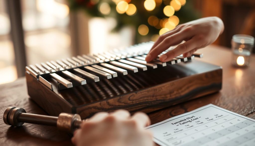 A beautifully arranged kalimba set on a rustic wooden table, showcasing the individual metal lames in various lengths, glistening softly under warm, natural light. The foreground features an open tuning hammer and a printed tuning chart for kalimba players, emphasizing the preparation process. In the middle ground, a gently blurred hand reaches towards the kalimba, poised to adjust the tones, symbolizing the act of tuning. The background includes faint silhouettes of holiday decorations, like soft lights and greenery, hinting at a festive atmosphere. The overall mood is warm and inviting, encouraging a sense of anticipation and joy in preparing the instrument for musical celebration. The scene is captured with a shallow depth of field, using a soft focus to highlight the kalimba and tuning tools while creating a cozy, festive ambiance. A beautifully arranged kalimba set on a rustic wooden table, showcasing the individual metal lames in various lengths, glistening softly under warm, natural light. The foreground features an open tuning hammer and a printed tuning chart for kalimba players, emphasizing the preparation process. In the middle ground, a gently blurred hand reaches towards the kalimba, poised to adjust the tones, symbolizing the act of tuning. The background includes faint silhouettes of holiday decorations, like soft lights and greenery, hinting at a festive atmosphere. The overall mood is warm and inviting, encouraging a sense of anticipation and joy in preparing the instrument for musical celebration. The scene is captured with a shallow depth of field, using a soft focus to highlight the kalimba and tuning tools while creating a cozy, festive ambiance.