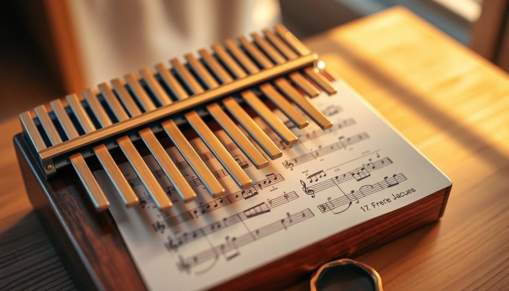 A beautifully arranged kalimba sheet music design featuring the song "Frère Jacques" in a clear, easy-to-read format. The foreground displays a close-up view of the kalimba, highlighting its 17 metal tines shining in warm light. In the middle, the sheet music is elegantly laid out, with notes and numerical tablature clearly visible, surrounded by delicate musical notes and floral motifs to enhance the aesthetic. The background features a soft, blurred wooden table, creating a cozy and inviting atmosphere, complemented by gentle natural light streaming in from the side, illuminating the scene and adding a serene mood. The colors are warm and calming, evoking a sense of peace and creativity. No text or watermarks are present. A beautifully arranged kalimba sheet music design featuring the song "Frère Jacques" in a clear, easy-to-read format. The foreground displays a close-up view of the kalimba, highlighting its 17 metal tines shining in warm light. In the middle, the sheet music is elegantly laid out, with notes and numerical tablature clearly visible, surrounded by delicate musical notes and floral motifs to enhance the aesthetic. The background features a soft, blurred wooden table, creating a cozy and inviting atmosphere, complemented by gentle natural light streaming in from the side, illuminating the scene and adding a serene mood. The colors are warm and calming, evoking a sense of peace and creativity. No text or watermarks are present.